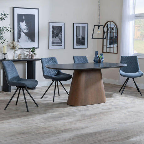 Joyce Dark Grey  Ceramic Oval Dining Set with Pedestal Base - Messina Fabric Swivel Dining Chair