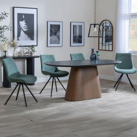 Joyce Dark Grey  Ceramic Oval Dining Set with Pedestal Base - Messina Fabric Swivel Dining Chair