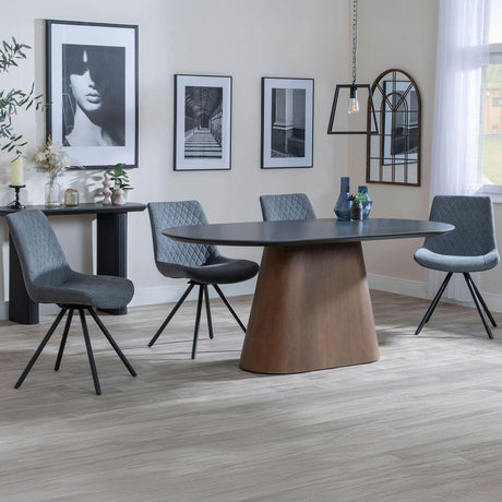 Joyce Dark Grey  Ceramic Oval Dining Set with Pedestal Base - Messina Fabric Swivel Dining Chair