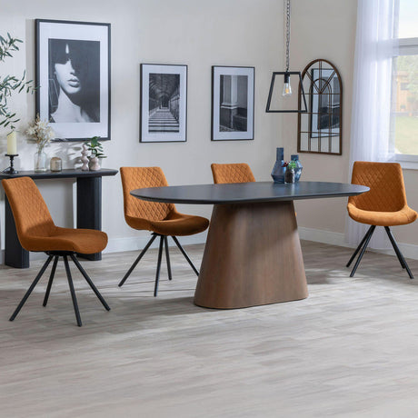 Joyce Dark Grey  Ceramic Oval Dining Set with Pedestal Base - Messina Fabric Swivel Dining Chair