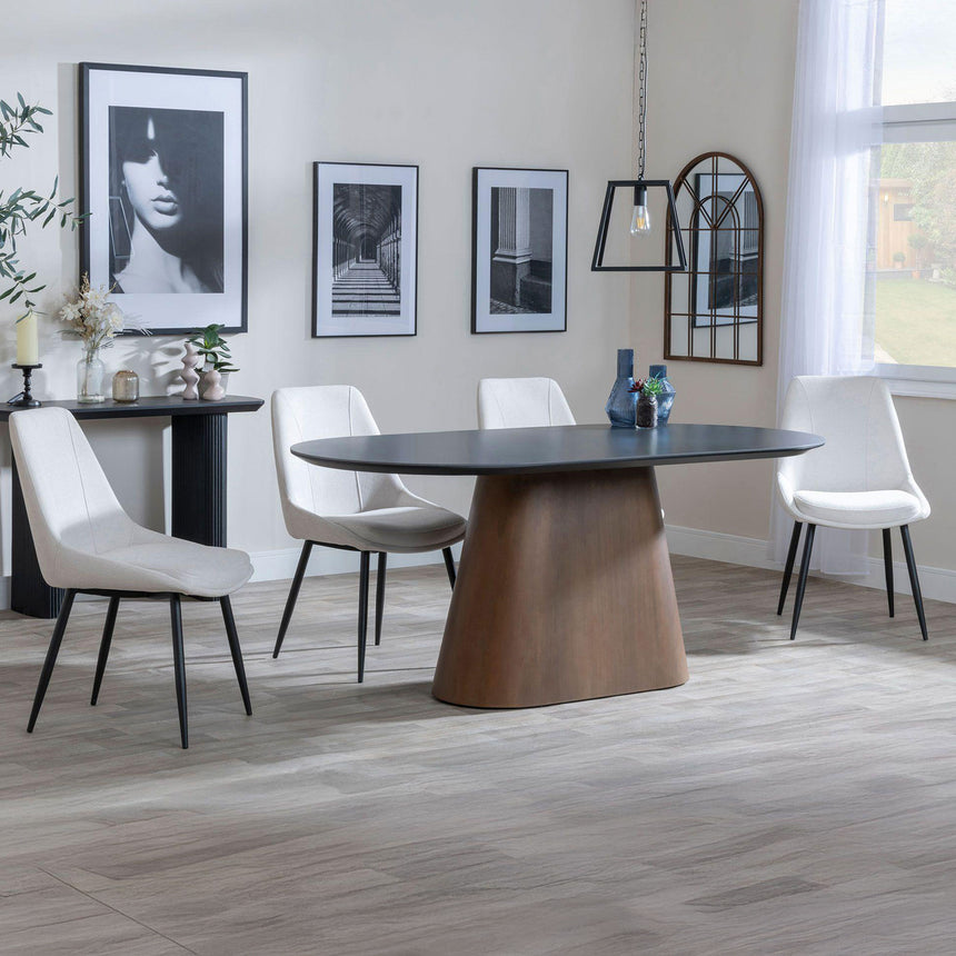 Joyce Dark Grey  Ceramic Oval Dining Set with Pedestal Base - Rovereto Fabric Dining Chair