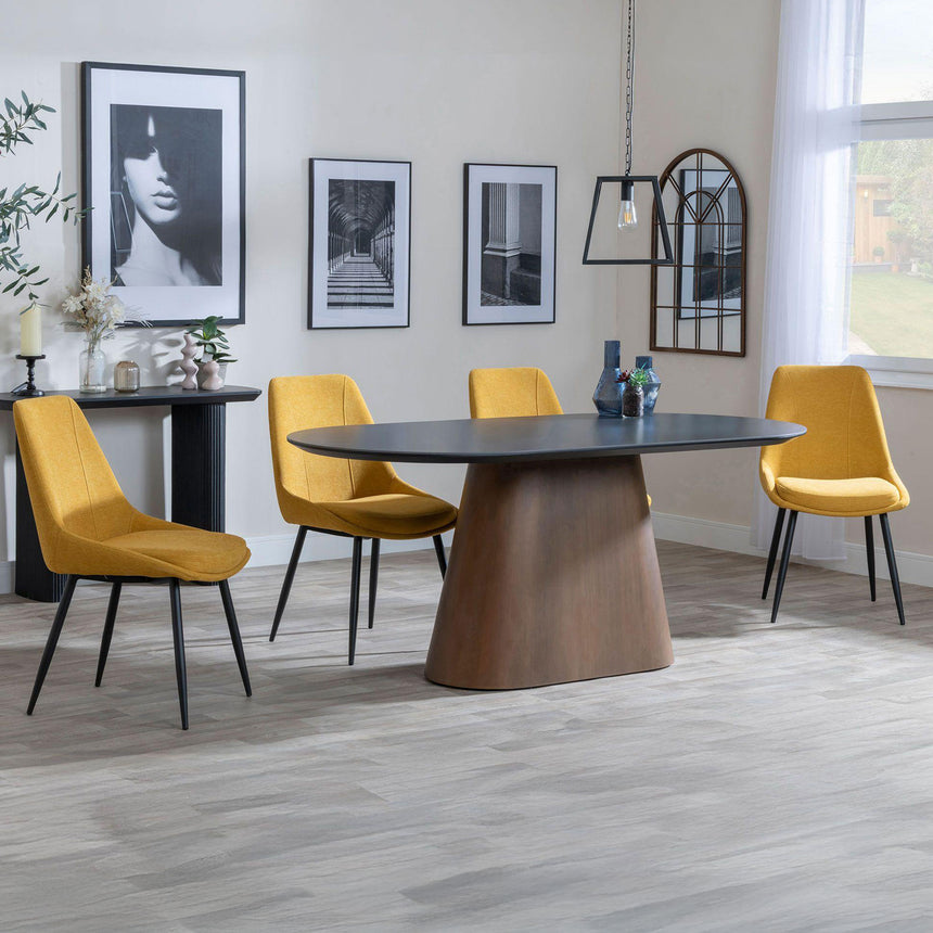 Joyce Dark Grey  Ceramic Oval Dining Set with Pedestal Base - Rovereto Fabric Dining Chair
