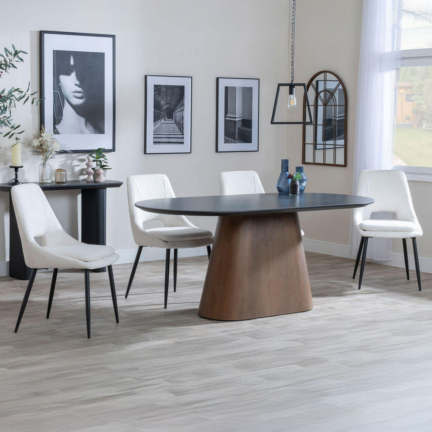 Joyce Dark Grey  Ceramic Oval Dining Set with Pedestal Base - Stansbury Fabric Dining Chair