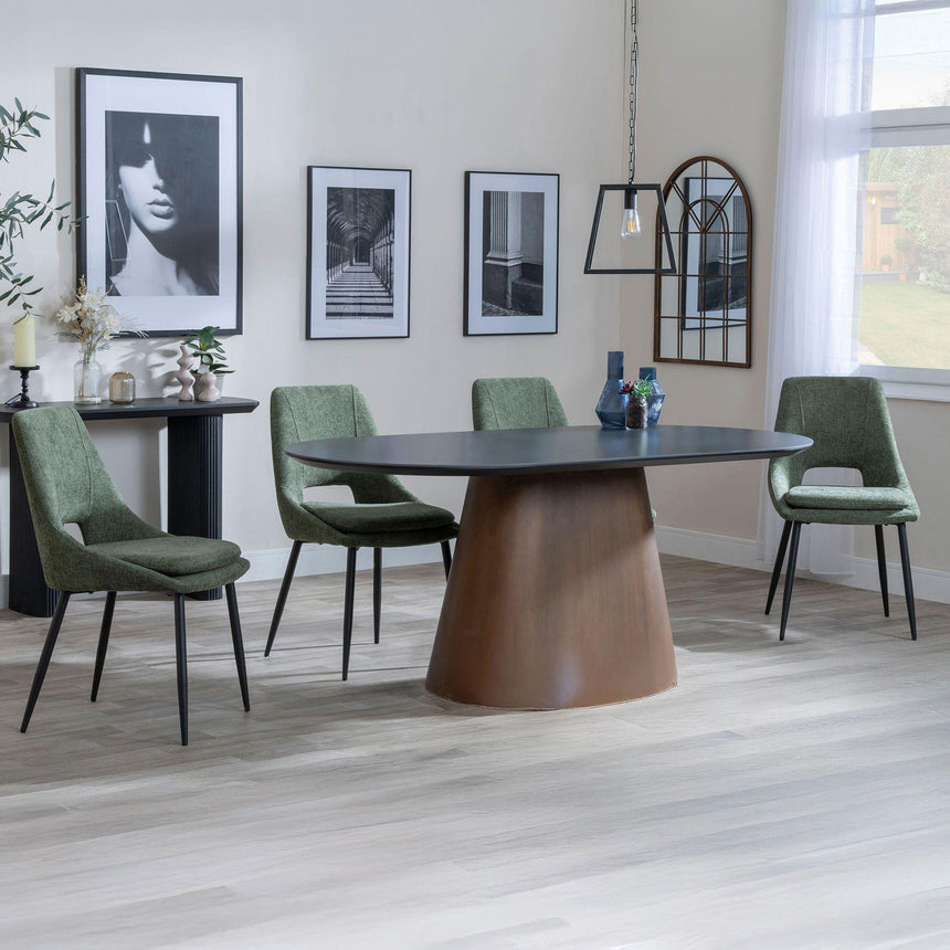 Joyce Dark Grey  Ceramic Oval Dining Set with Pedestal Base - Stansbury Fabric Dining Chair