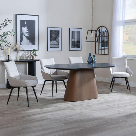 Joyce Dark Grey  Ceramic Oval Dining Set with Pedestal Base - Torres Fabric Swivel Dining Chair