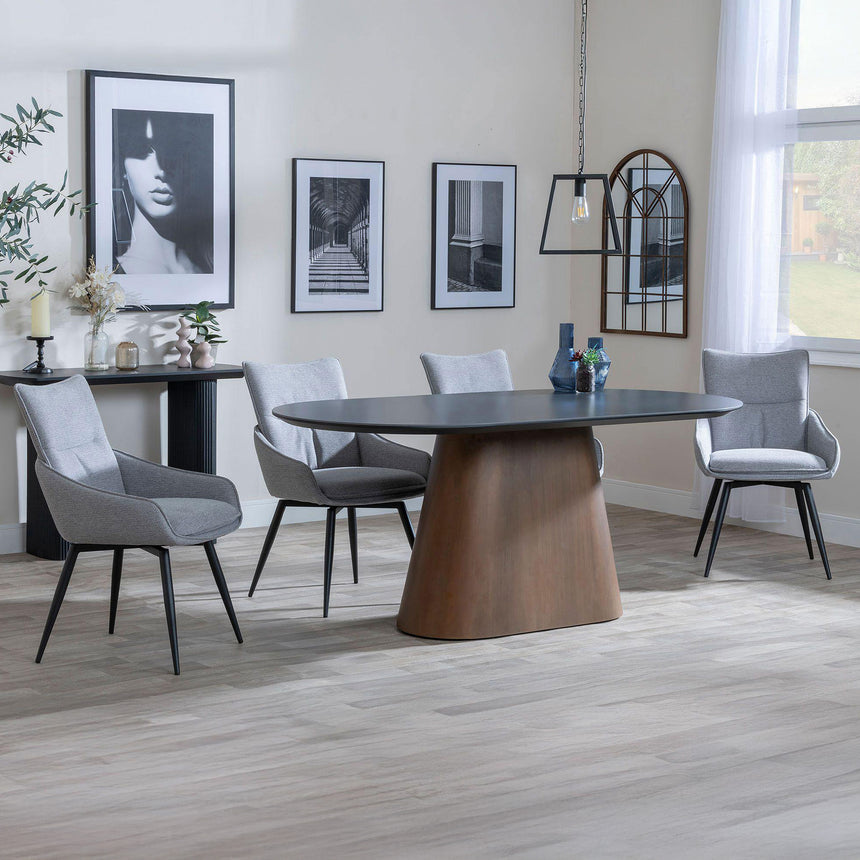 Joyce Dark Grey  Ceramic Oval Dining Set with Pedestal Base - Torres Fabric Swivel Dining Chair