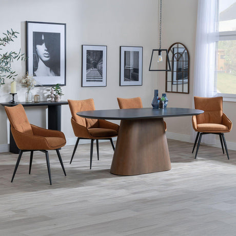Joyce Dark Grey  Ceramic Oval Dining Set with Pedestal Base - Torres Fabric Swivel Dining Chair