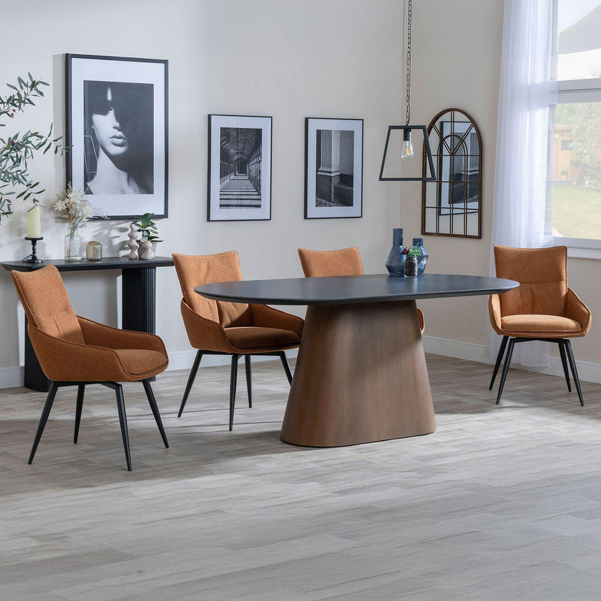 Joyce Dark Grey  Ceramic Oval Dining Set with Pedestal Base - Torres Fabric Swivel Dining Chair