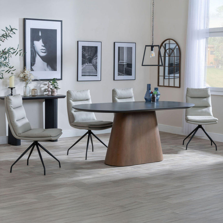 Joyce Dark Grey  Ceramic Oval Dining Set with Pedestal Base - Tuscany Leather Swivel Dining Chair