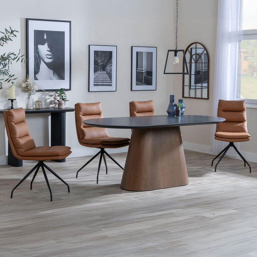 Joyce Dark Grey  Ceramic Oval Dining Set with Pedestal Base - Tuscany Leather Swivel Dining Chair