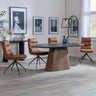 Joyce Dark Grey  Ceramic Oval Dining Set with Pedestal Base - Tuscany Leather Swivel Dining Chair