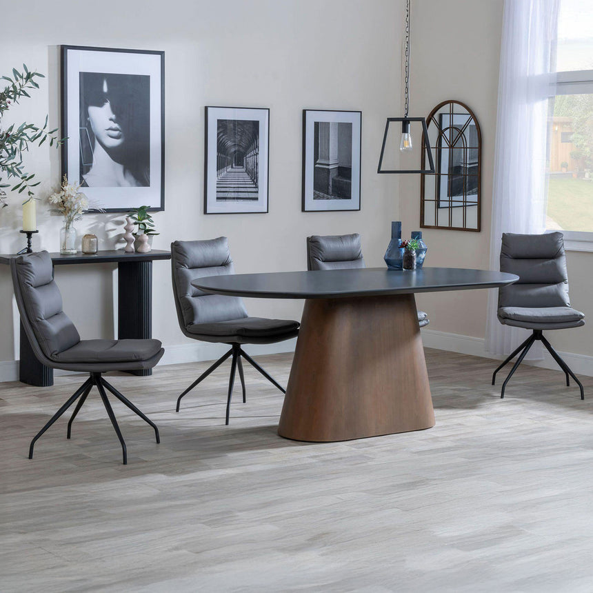 Joyce Dark Grey  Ceramic Oval Dining Set with Pedestal Base - Tuscany Leather Swivel Dining Chair