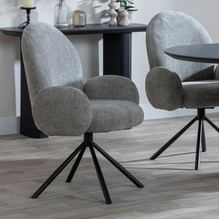 Joyce Dark Grey  Ceramic Oval Dining Set with Pedestal Base - Altavista Fabric Swivel Dining Chair