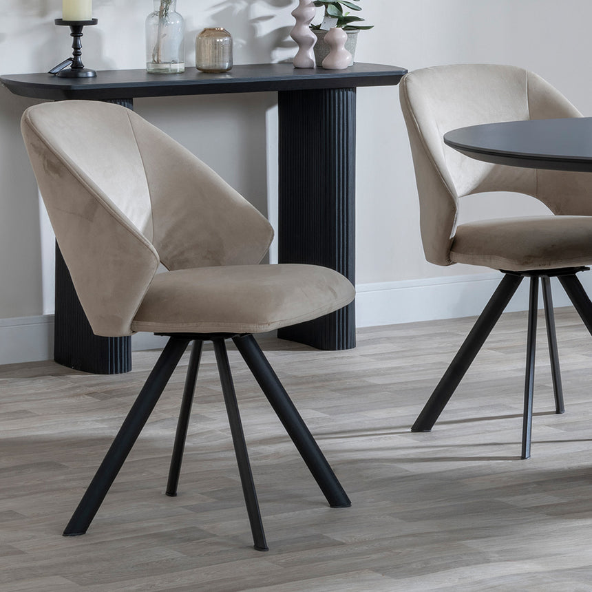 Joyce Dark Grey  Ceramic Oval Dining Set with Pedestal Base - Burano Velvet Fabric Swivel Dining Chair