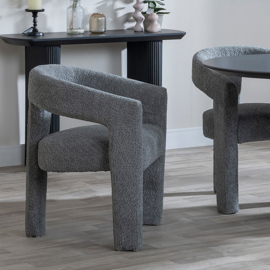 Joyce Dark Grey  Ceramic Oval Dining Set with Pedestal Base - Killen Boucle Fabric Dining Chair