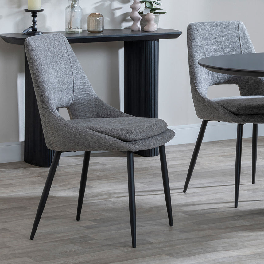 Joyce Dark Grey  Ceramic Oval Dining Set with Pedestal Base - Stansbury Fabric Dining Chair