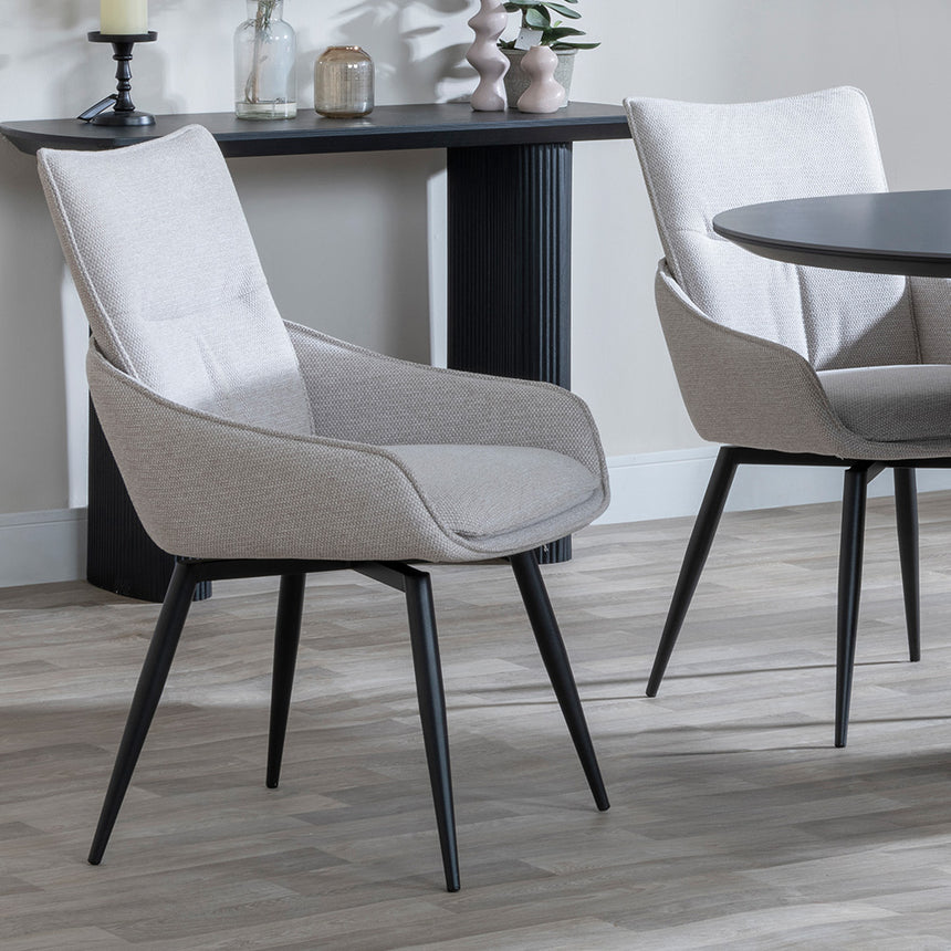 Joyce Dark Grey  Ceramic Oval Dining Set with Pedestal Base - Torres Fabric Swivel Dining Chair