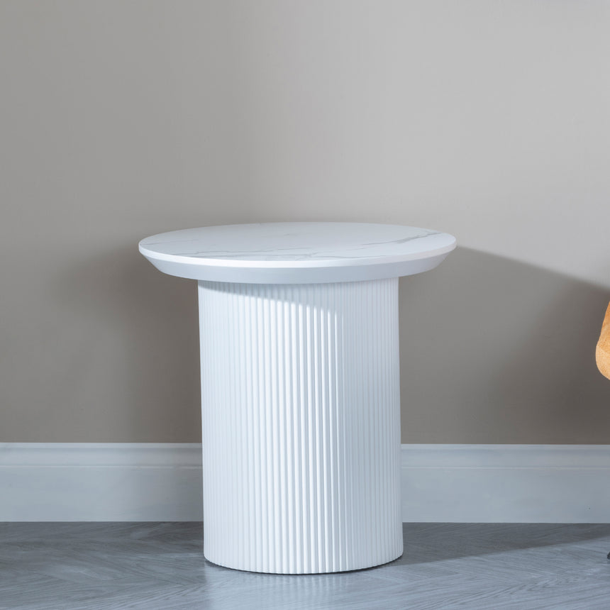 Pavia White Marble Effect Round Lamp Table - Fluted Base