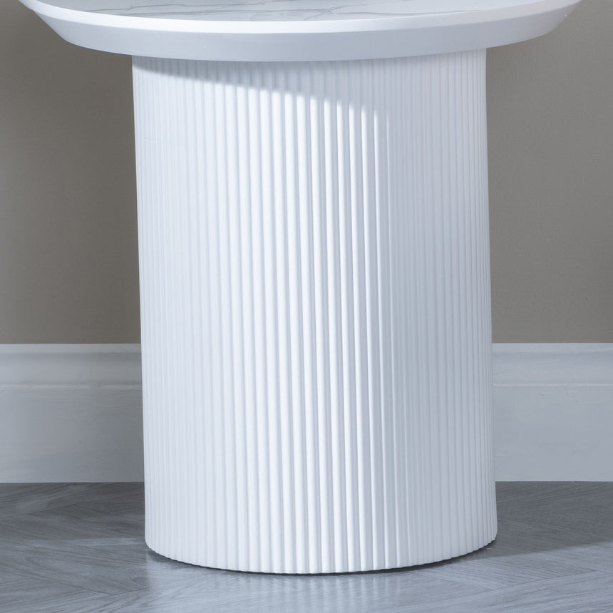 Pavia White Marble Effect Round Lamp Table - Fluted Base