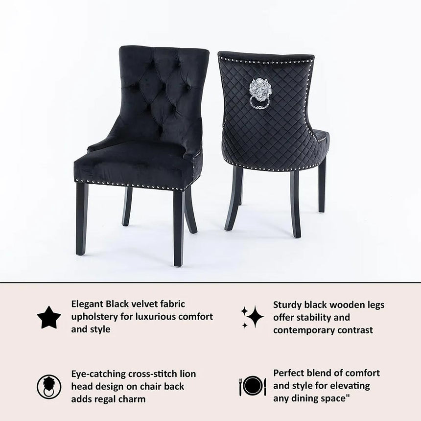 Lion Knocker Back Velvet Fabric Dining Chair with Black Wooden Legs
