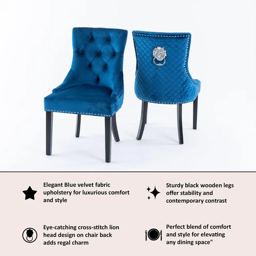 Lion Knocker Back Velvet Fabric Dining Chair with Black Wooden Legs