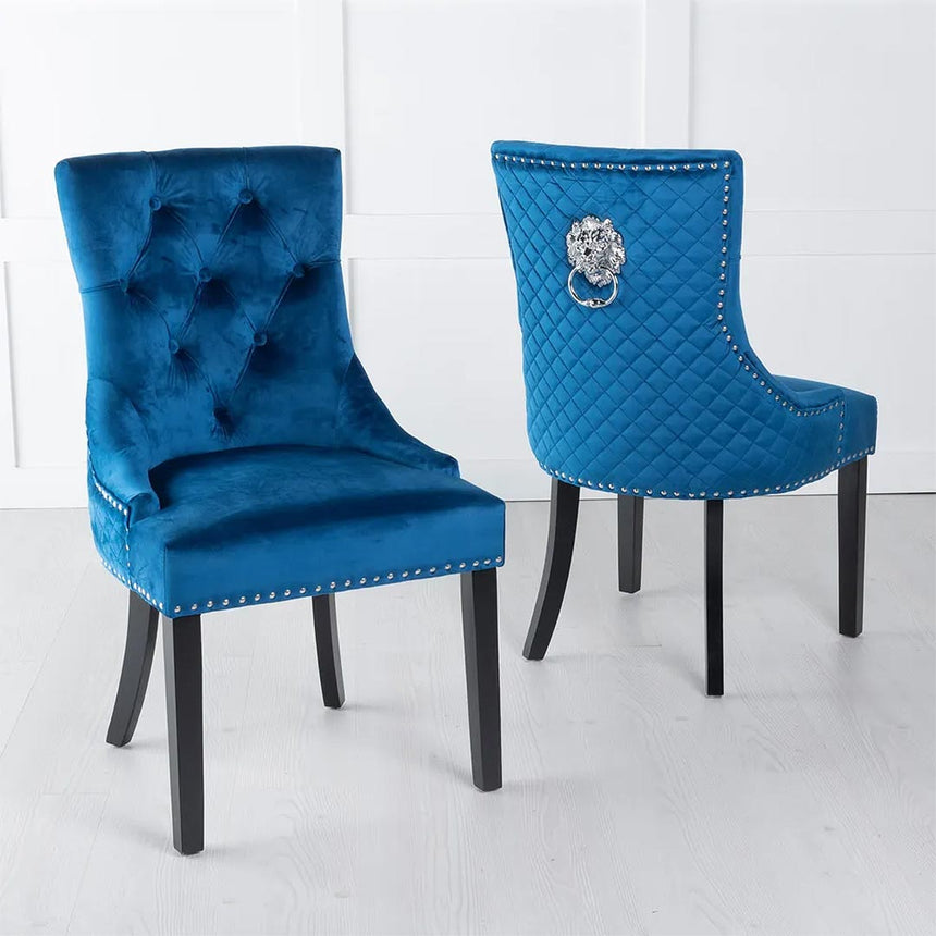 Lion Knocker Back Velvet Fabric Dining Chair with Black Wooden Legs