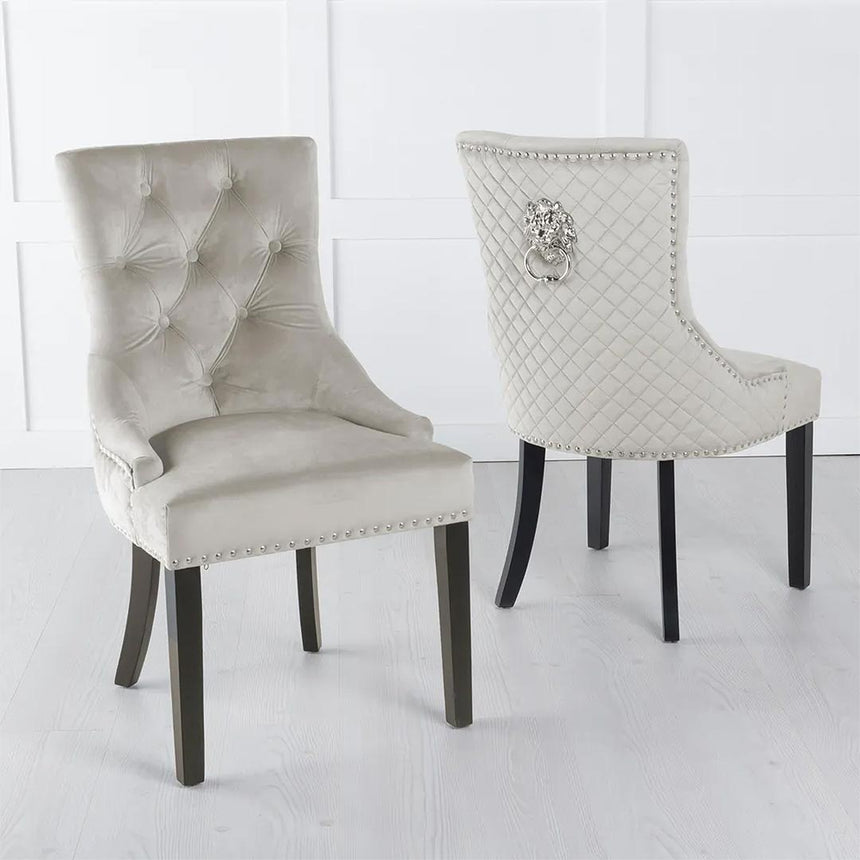 Lion Knocker Back Velvet Fabric Dining Chair with Black Wooden Legs