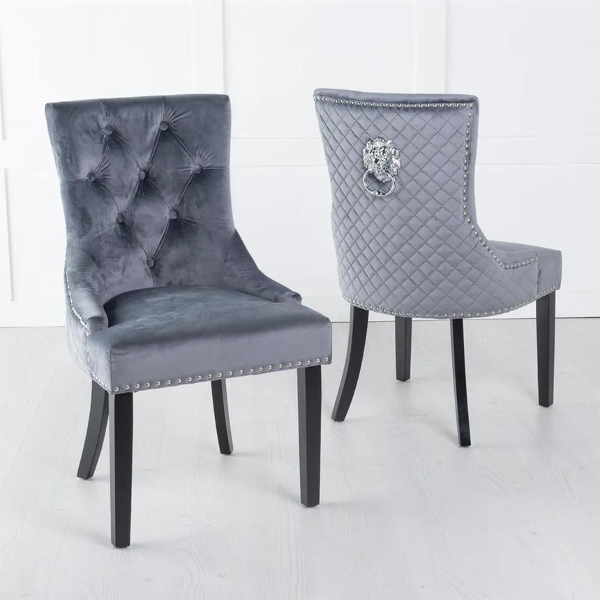 Lion Knocker Back Velvet Fabric Dining Chair with Black Wooden Legs