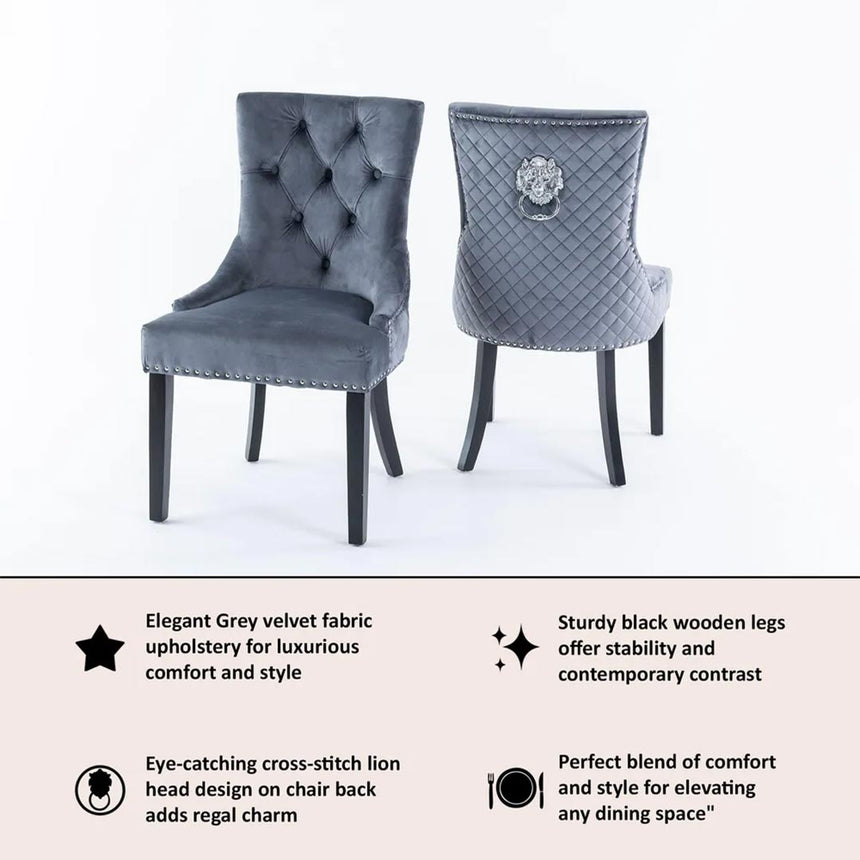 Lion Knocker Back Velvet Fabric Dining Chair with Black Wooden Legs
