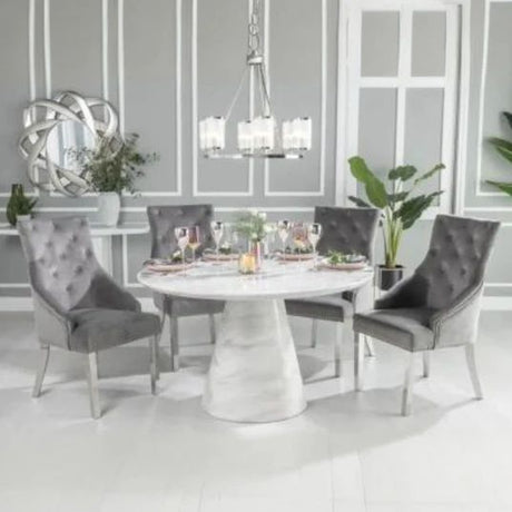 Cesena 130cm White Marble Round Dining Set - Knockerback Chairs