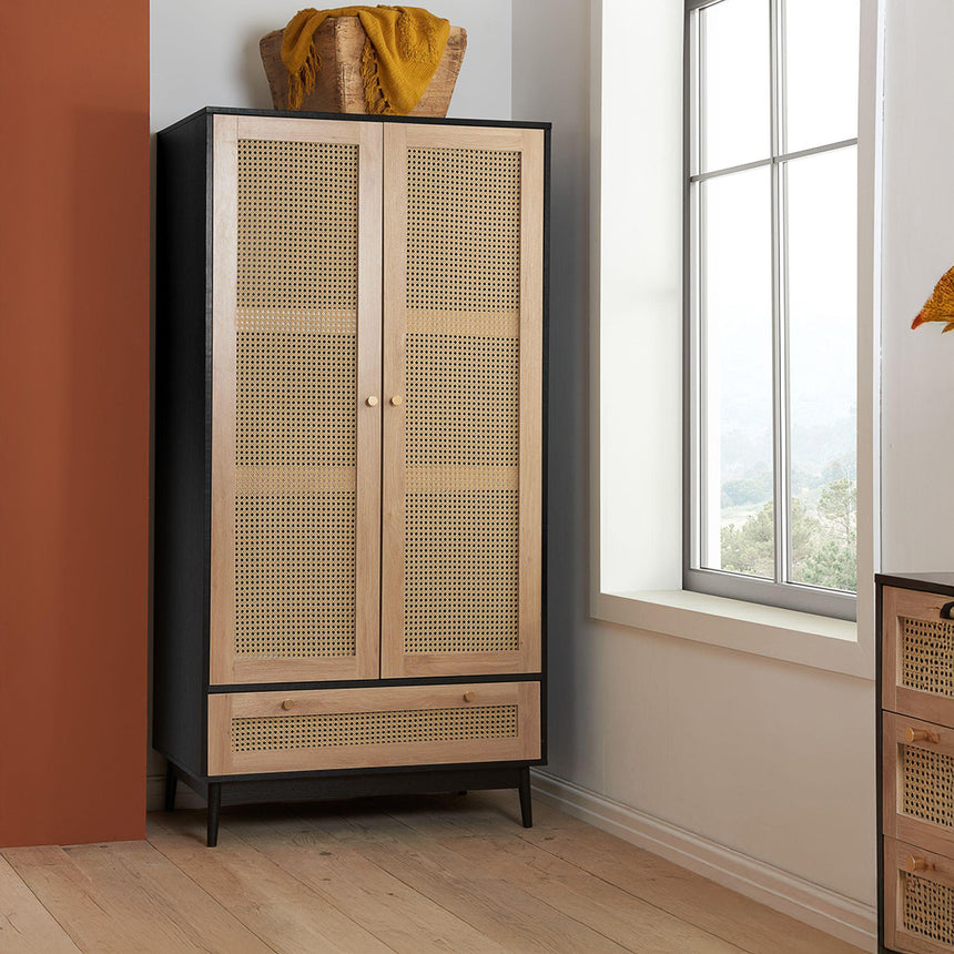 Louisiana Black and Rattan 2 Door Wardrobe - 1 Drawer
