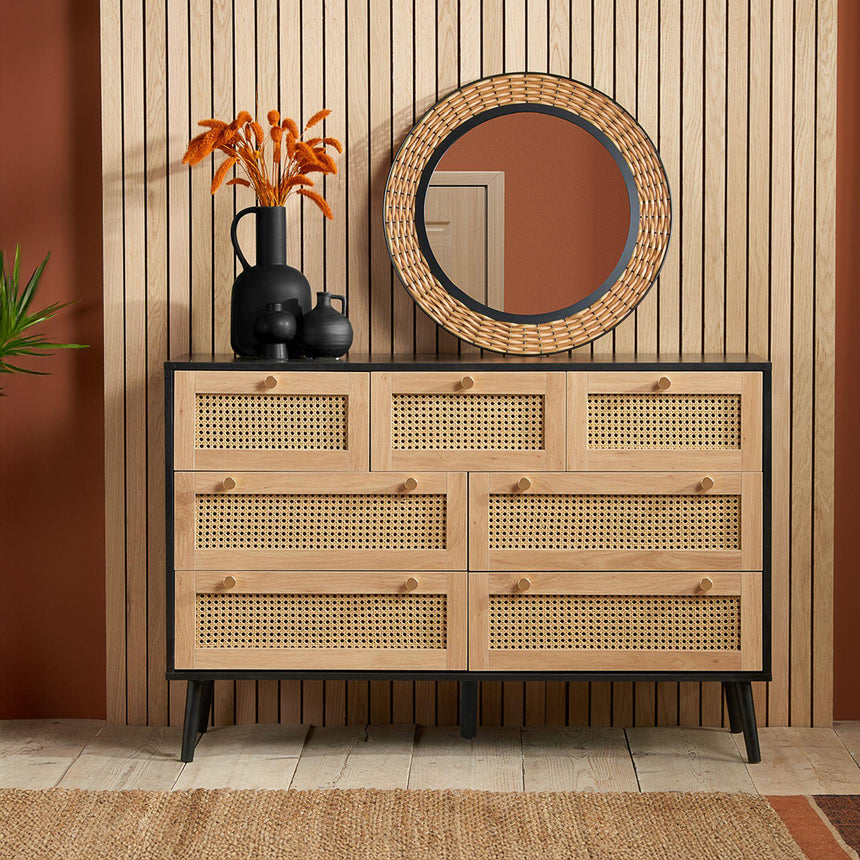 Louisiana Black and Rattan Wide 7 Drawer Chest