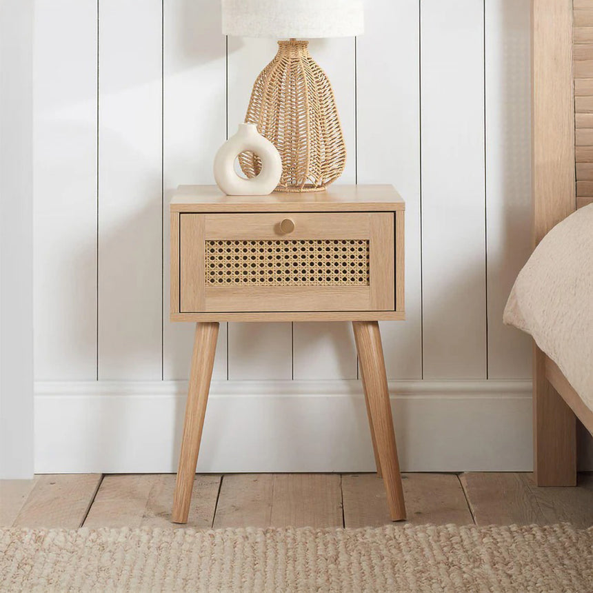 Louisiana Oak and Rattan 1 Drawer Bedside Table