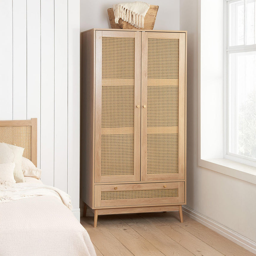 Louisiana Oak and Rattan 2 Door Wardrobe - 1 Drawer