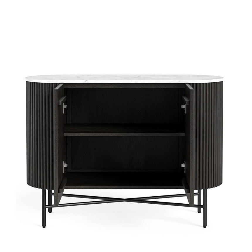 Lucas Black 100cm Small 2 Door Fluted Curved Sideboard with White Marble Top