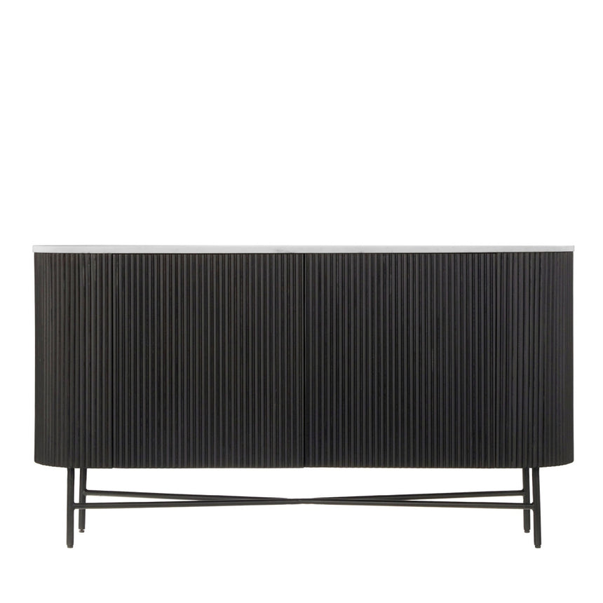 Lucas Black 150cm Medium 2 Door Fluted Curved Sideboard with White Marble Top