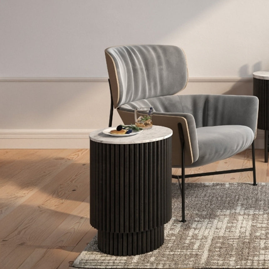 Lucas Black 1 Door Round Fluted Side Table with White Marble Top