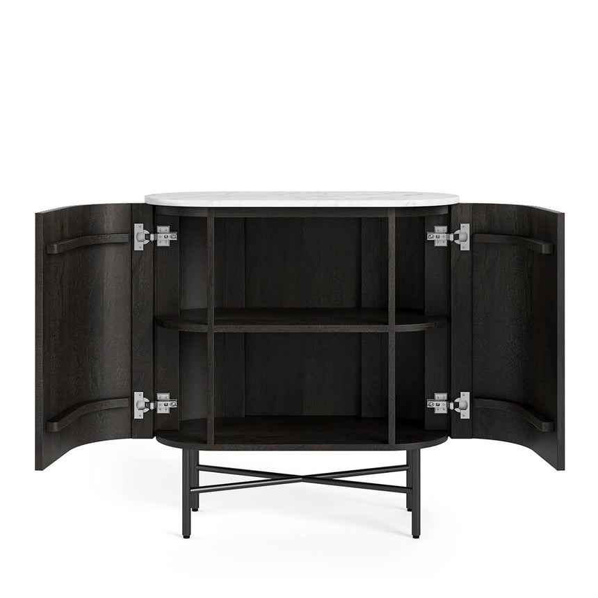 Lucas Black 65cm Mini 2 Door Fluted Curved Sideboard with White Marble Top
