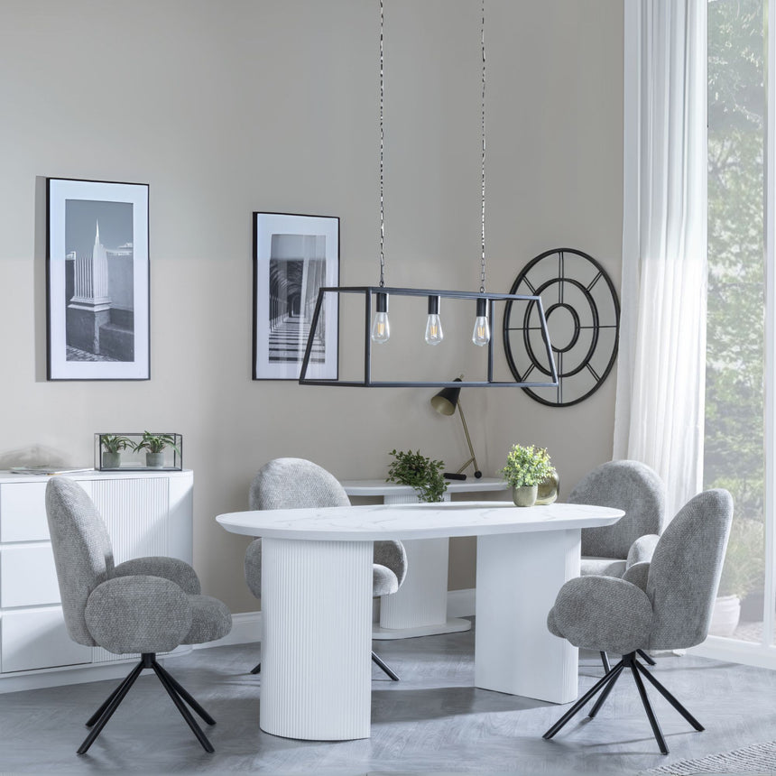 Pavia White Marble Effect Oval Dining Set - Altavista Grey Fabric Swivel Dining Chair