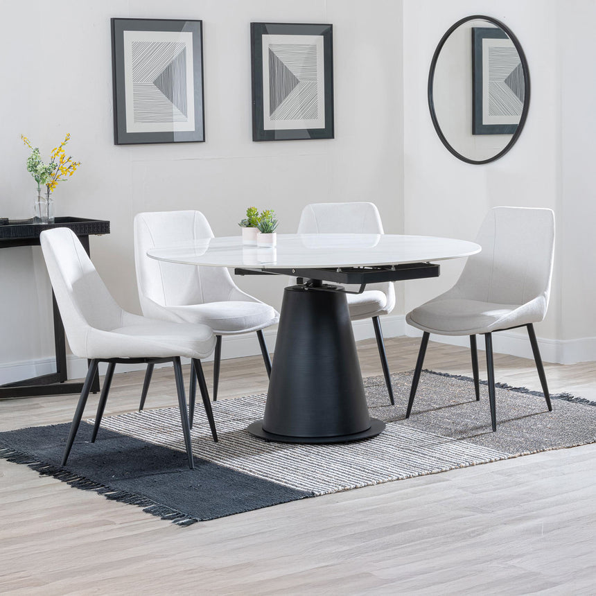 Madison White Ceramic 4 Seater Round Extending Dining Set - Darwin  Fabric Dining Chair