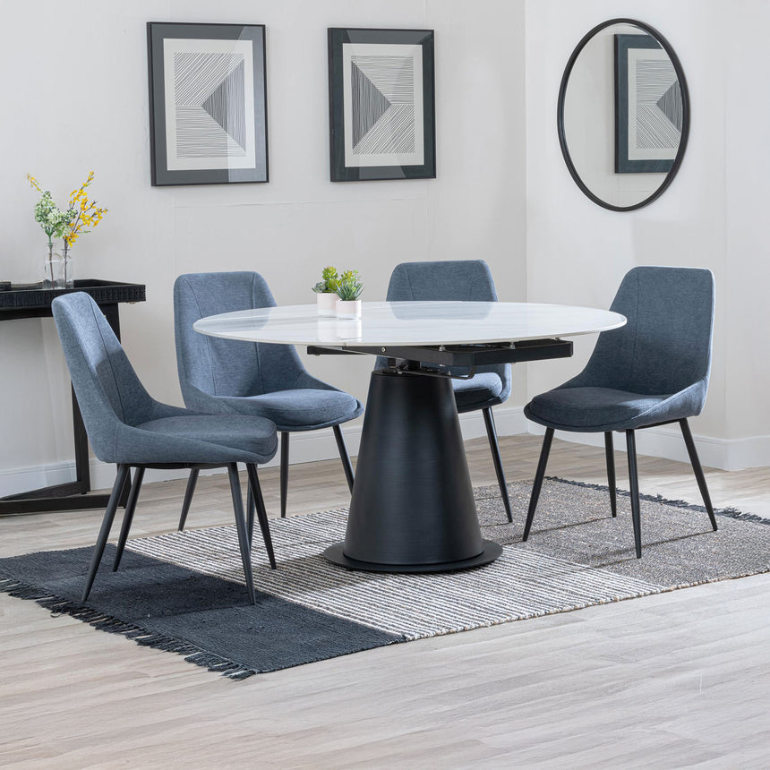 Madison White Ceramic 4 Seater Round Extending Dining Set - Darwin  Fabric Dining Chair