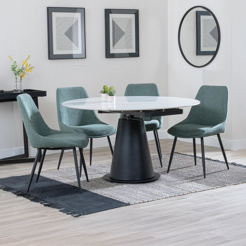 Madison White Ceramic 4 Seater Round Extending Dining Set - Darwin  Fabric Dining Chair