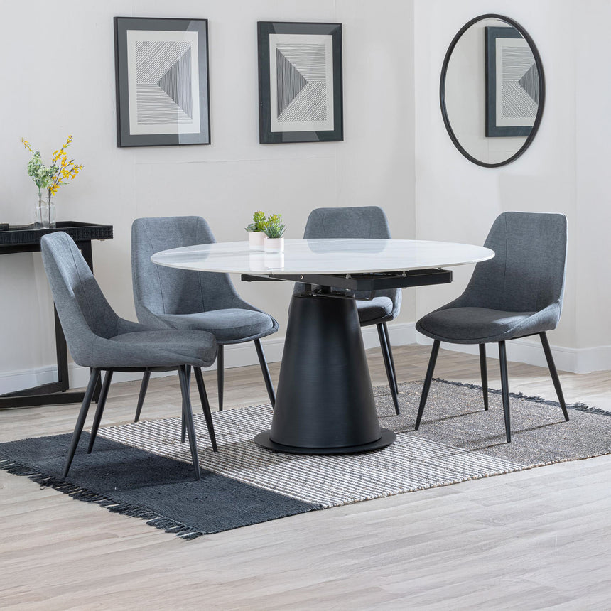 Madison White Ceramic 4 Seater Round Extending Dining Set - Darwin  Fabric Dining Chair