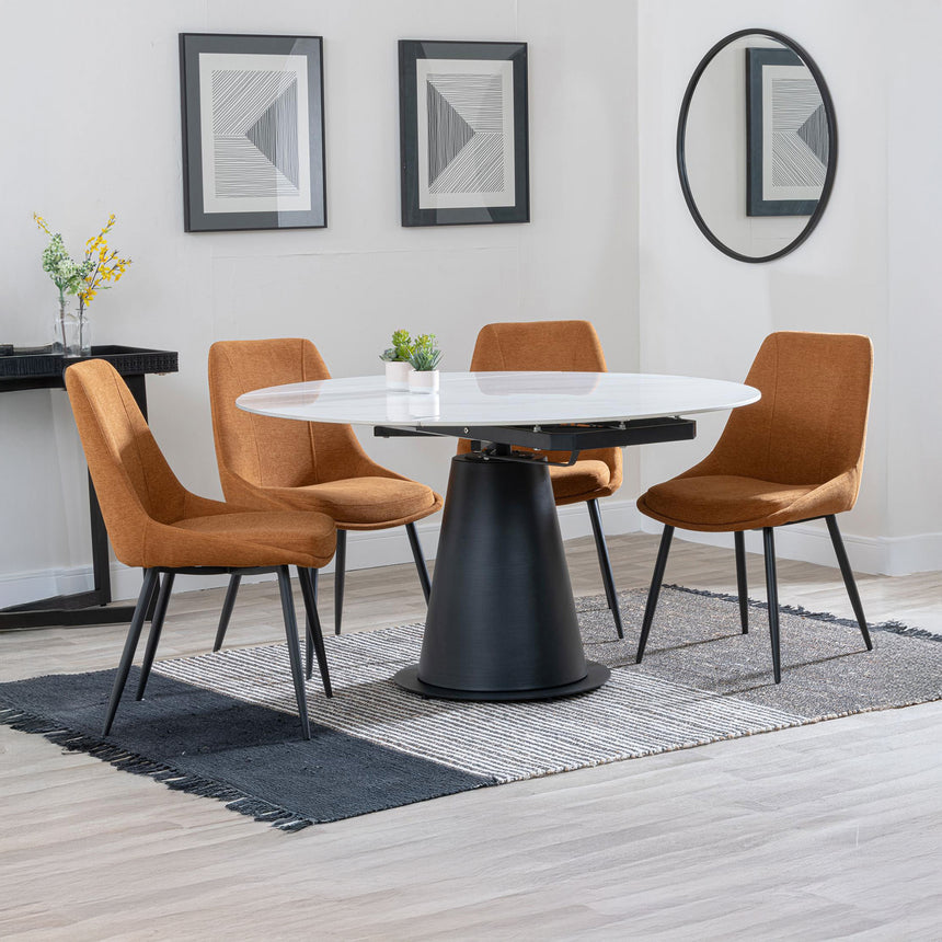 Madison White Ceramic 4 Seater Round Extending Dining Set - Darwin  Fabric Dining Chair