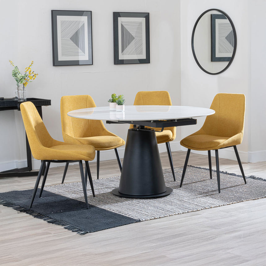 Madison White Ceramic 4 Seater Round Extending Dining Set - Darwin  Fabric Dining Chair