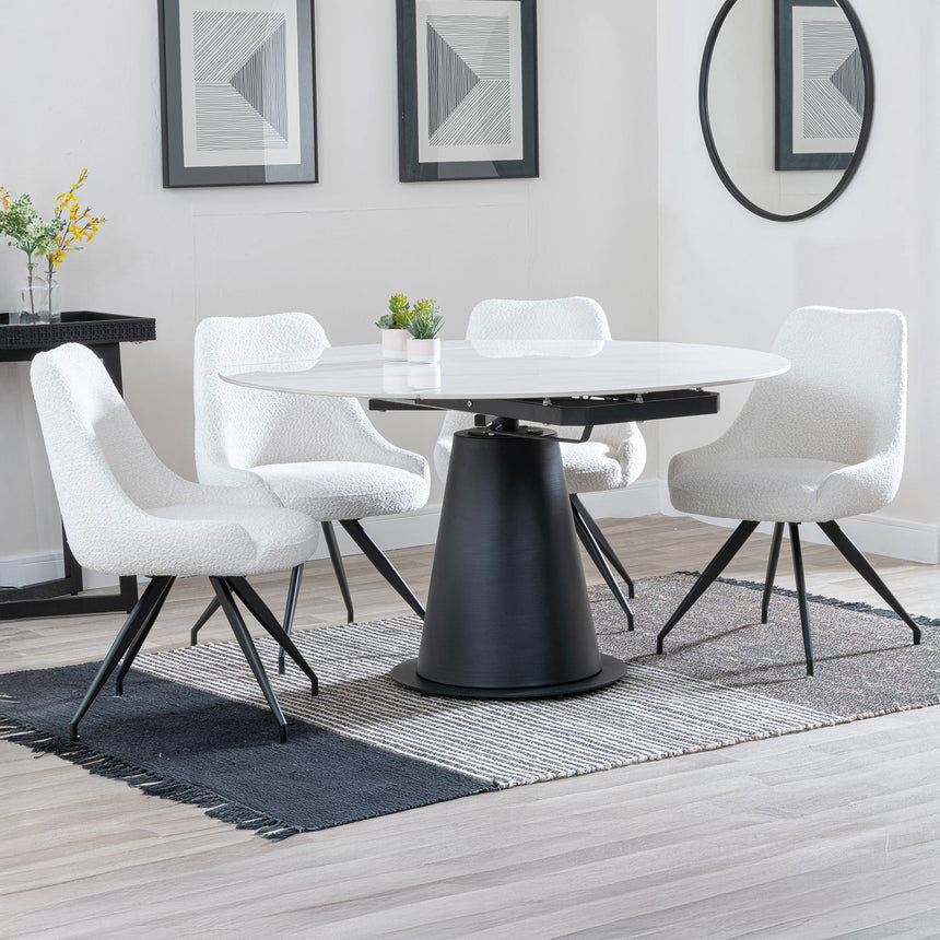 Madison White Ceramic 4 Seater Round Extending Dining Set - Diana Velvet Fabric Swivel Dining Chair