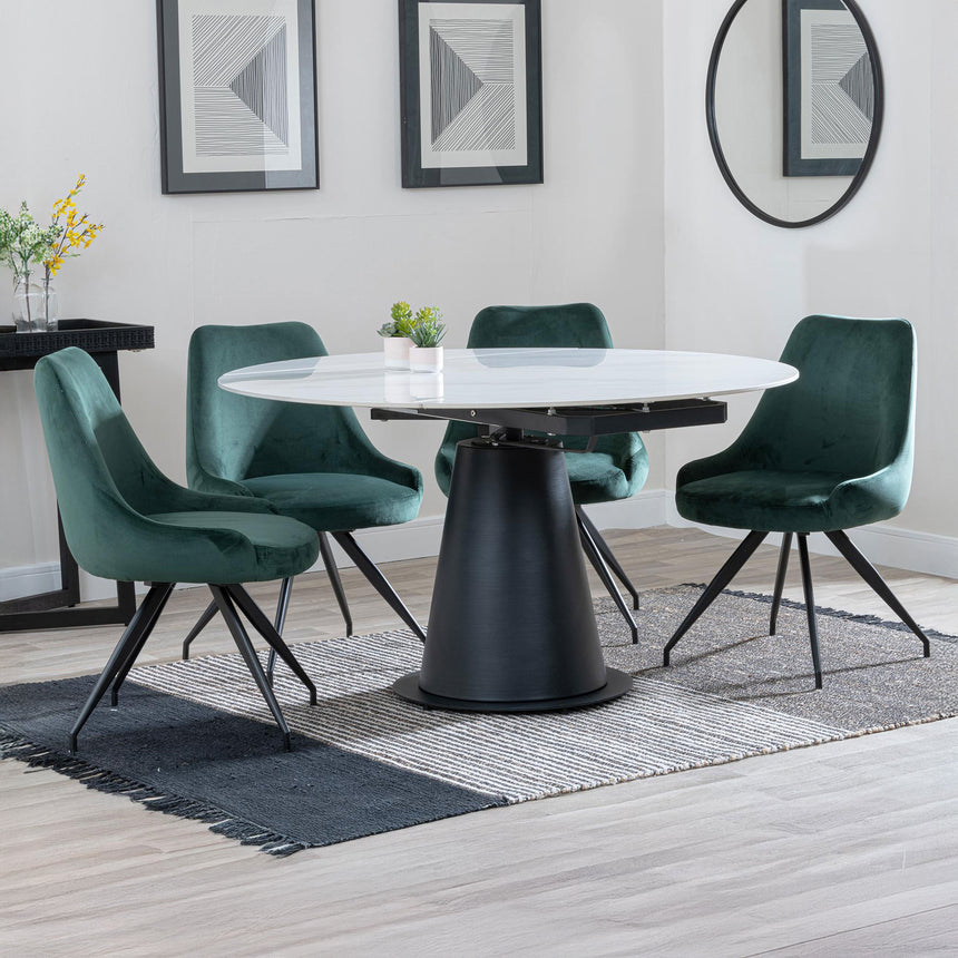 Madison White Ceramic 4 Seater Round Extending Dining Set - Diana Velvet Fabric Swivel Dining Chair