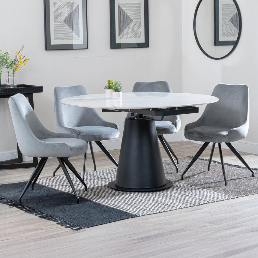 Madison White Ceramic 4 Seater Round Extending Dining Set - Diana Velvet Fabric Swivel Dining Chair