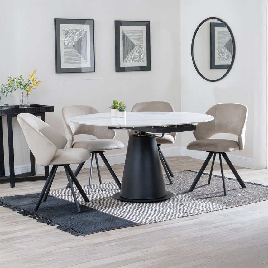 Madison White Ceramic 4 Seater Round Extending Dining Set - Burano Mustard Velvet Fabric Swivel Dining Chair