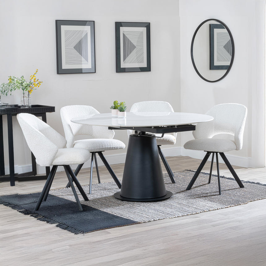 Madison White Ceramic 4 Seater Round Extending Dining Set - Burano Mustard Velvet Fabric Swivel Dining Chair